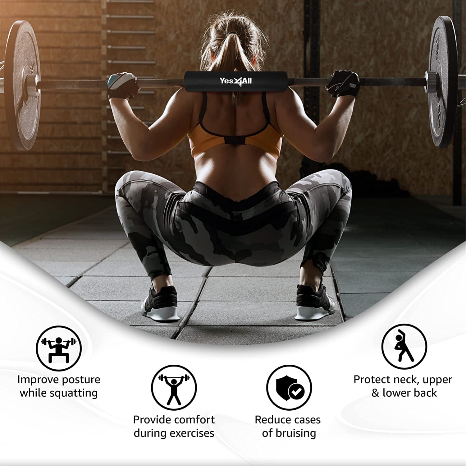 Yes4All Ergonomic Foam Bar Pad, Olympic Barbell Squat & Neck Pad for Squats, Hip Thrusts & Weight Lifting Bar