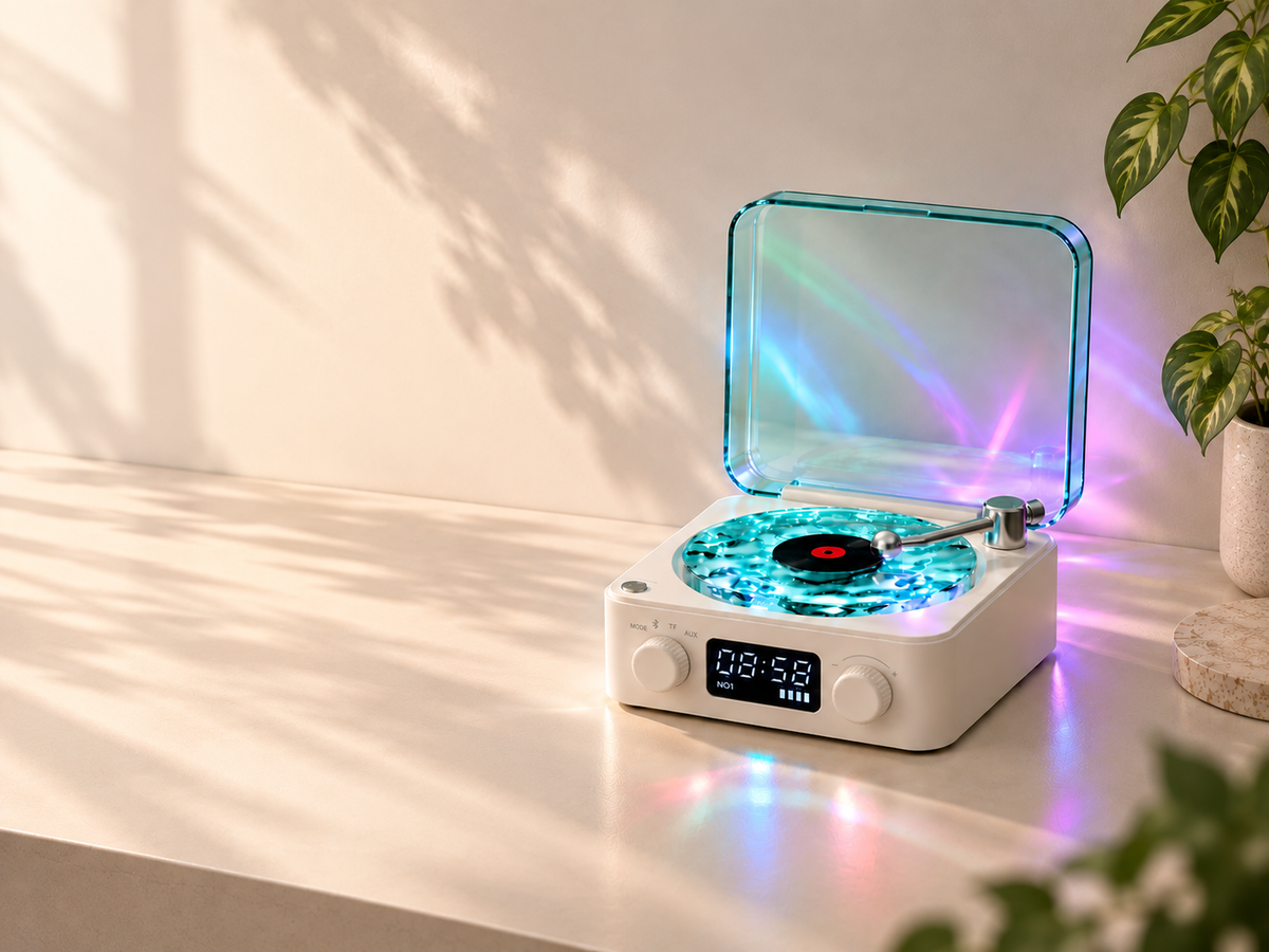 The Waves Vinyl Player on a sunlit desk with clean space on the left